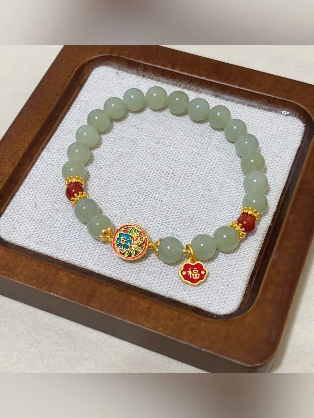 Natural Hetian Jade bead Bracelet with Double-Sided Enamel Flower Charm|Handmade